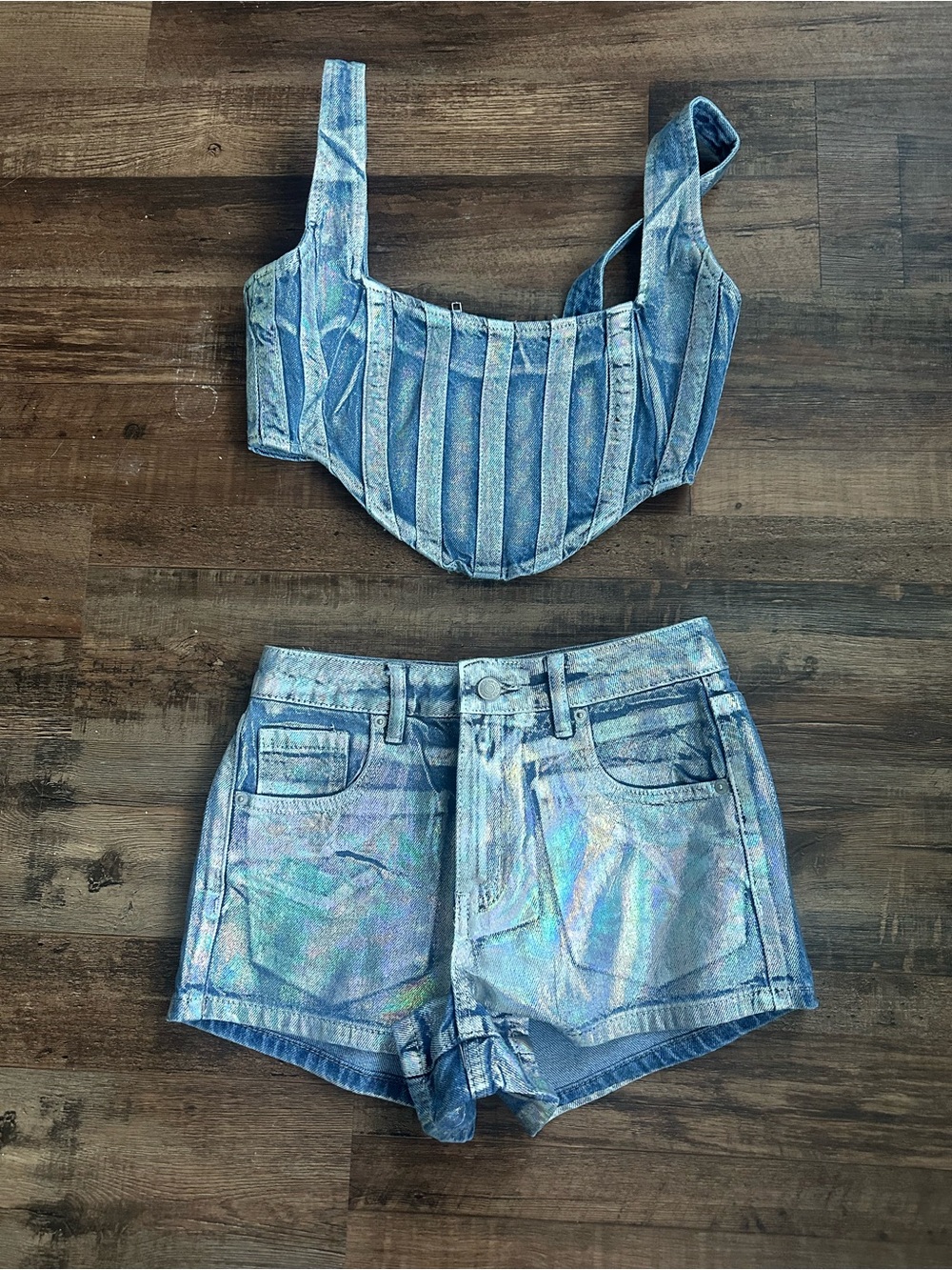 Forever 21 Iridescent Blue Denim Corset Top & High-Rise Shorts